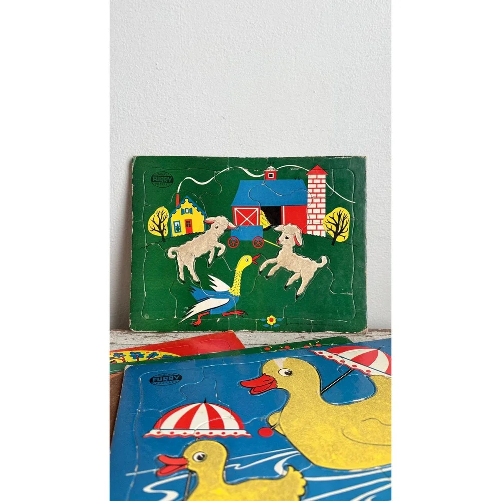 Vintage Built-Rite Furry Puzzles Set of 5 Flocked Animal Tray Puzzles